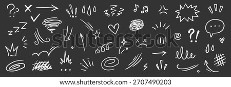 Line cartoon comic hand drawn movement elements. Hand drawn doodle line emoji sketch element arrow, emphasis mark, shock emotion, star shape. Crayon line anime expression icon. Vector illustration