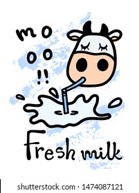 Line cartoon cute Friesian cow drinking tasty milk with straw. Hand drawn doodle style. "MOO!!" and "Fresh milk" lettering. Applicable for drink package, food poster, flyers etc. Vector illustration.
