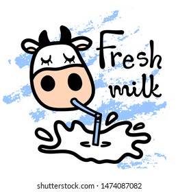 Line cartoon cute Holstein cow drinking tasty milk with pipe. Hand drawn doodle style. Fresh milk lettering. Applicable for drink package, food poster, label designs, flyers etc. Vector illustration.