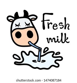 Line cartoon cute Holstein cow drinking tasty milk with pipe. Hand drawn doodle style. Fresh milk lettering. Applicable for drink package, food poster, label designs, flyers etc. Vector illustration.
