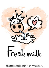 Line cartoon cute white cow loving drinking tasty milk with pipe, heart in speech bubble. Hand drawn doodle style. Applicable for drink package, poster, label designs, flyers etc. Vector illustration.