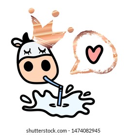 Line cartoon cute white cow in golden crown loving drinking tasty fresh milk with pipe and speech bubble. Hand drawn doodle style. Vector illustration.
