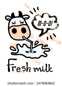 Line cartoon cute white cow drinking milk with pipe and speech bubble with "Moo" text and "Fresh milk" lettering. Hand drawn doodle style. Vector illustration.