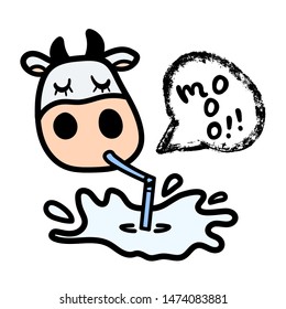Line cartoon cute white cow drinking milk with pipe, speech bubble and "Mooo" text. Hand drawn doodle style. Applicable for drink package, poster, label designs, flyers etc. Vector illustration.