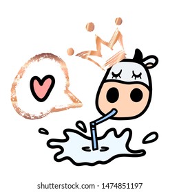 Line cartoon cute white cow wearing golden crown drinking milk with pipe, speech bubble and heart. Hand drawn doodle style. Vector illustration.