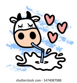 Line cartoon cute white Friesian cow drinking tasty milk with straw on textured background in hand drawn doodle style. Applicable for drink package, food poster, label etc. Vector illustration.