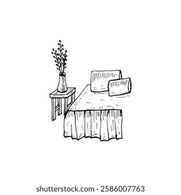 Line cartoon drawing of a bedroom scene with a bed, pillows, and a vase on the table.