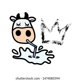 Line cartoon Holstein cow enjoying drinking tasty milk with pipe near fancy textured crown. Hand drawn doodle style. Vector illustration.