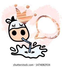 Line cartoon Holstein isolated cow in golden crown drinking tasty milk with pipe with an empty textured grunge speech bubble for your text. Hand drawn doodle style. Ready layout vector illustration.