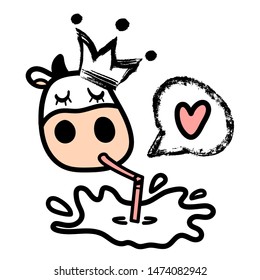 Line cartoon Holstein isolated cow loving drinking tasty milk with pipe wearing crown with speech bubble. Hand drawn doodle style. Vector illustration.