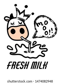 Line cartoon Holstein isolated cow loving drinking tasty fresh milk with pipe wearing crown with speech bubble. Hand drawn doodle style. Vector illustration.