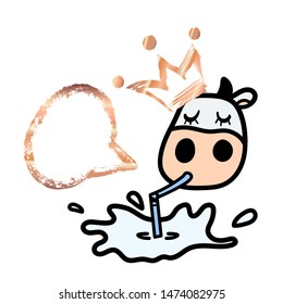 Line cartoon Holstein isolated cow in golden crown drinking tasty milk with pipe with an empty textured grunge speech bubble for your text. Hand drawn doodle style. Ready layout vector illustration.