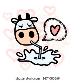 Line cartoon Holstein isolated cow loving drinking tasty milk with pipe wearing crown with speech bubble. Hand drawn doodle style. Vector illustration.