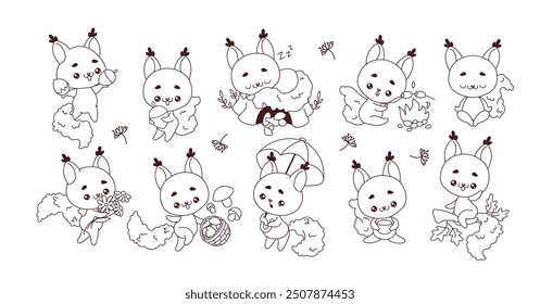 Line cartoon illustrations with squirrels in range of scenarios. Kawaii wild rodents n various activities presented on white background