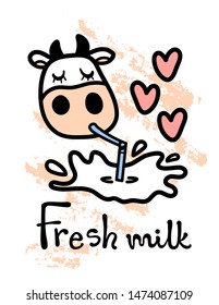 Line cartoon isolated white cute cow drinking tasty milk with hearts decorative elements in hand drawn doodle style and Fresh milk lettering. Vector illustration.