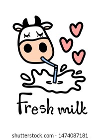 Line cartoon isolated white cute cow drinking tasty milk with hearts decorative elements in hand drawn doodle style and Fresh milk lettering. Vector illustration.