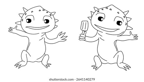 Line cartoon lizard, summer doodle, joy cute graphic coloring page for kids, coloring book animal isolated