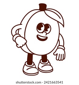 Line cartoon monochrome apricot character with leaf. Funny retro juicy fruit with happy face standing in cute pose, apricot mascot and emoji, cartoon food sticker of 70s 80s style vector illustration