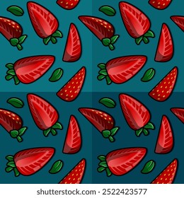 Linha desenho animado padrão ilustração de fatias de morango triangular vermelho doce fresco com topos de folhas verdes para deliciosos snacks saudáveis