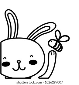 line cartoon rabbit with bee insect flying