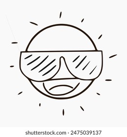 line cartoon of sun with happy expression and wear glasses isolated on white background