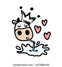 Line cartoon white cow loving drinking tasty milk with pipe wearing crown. Hand drawn doodle style. Applicable for drink package, food poster, label, flyer etc. Vector illustration.