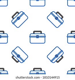 Caso de línea o contenedor de caja para el icono del equipo de pesca de tambor y arte aislado patrón sin fisuras en fondo blanco. Atracciones de pesca. Concepto de esquema colorido. Vector