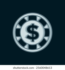 Line Casino chip with dollar symbol icon isolated on black background. Casino gambling. Flat filled outline style with shadow. Vector