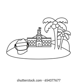line castle of the sand with bottle and palms in the island