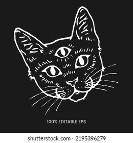 Line cat art, pet illustration, kitten face, white cartoon, funny pet art, cute animal, sketch design