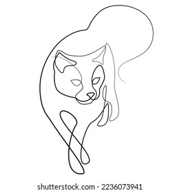 Line cat on a white background. Minimalist outline drawing of a cat. Pet linear drawing.