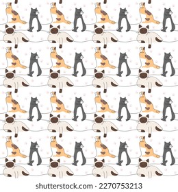 Line cat pattern vector seamless background. Cute hand drawn illustration for fashion, print and fabrics