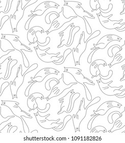 Line cats in different poses doodle pets seamless vector pattern