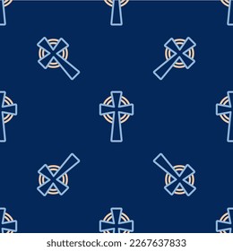 Line Celtic cross icon isolated seamless pattern on blue background. Happy Saint Patricks day. National Irish holiday.  Vector