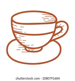 Line Ceramic cup and saucer, faience mug, clay dishes. Hand drawn vector illustration in doodle style. Isolated element on a white background.
