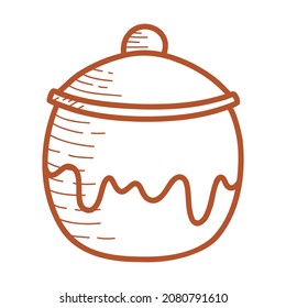 Line Ceramic pot with a lid or sugar bowl, earthenware dish, handmade clay dishes. Hand drawn vector illustration in doodle style. Isolated element on a white background.