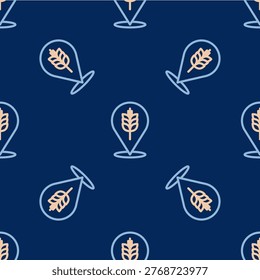 Line Cereals set with rice, wheat, corn, oats, rye, barley icon isolated seamless pattern on blue background. Ears of wheat bread symbols.  Vector