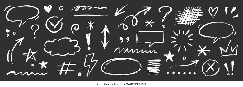 Flecha de tiza de línea, marco, Elementos de boceto de subrayado en la pizarra. Dibujado a mano lápiz de lápiz de crayón, textura de pincel de trazo garabato doodle pizarra Elementos . Flecha de marcador, cuadrado de boceto. Ilustración vectorial