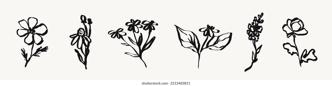 Line chalk or charcoal flower set for logo, icon or emblem. Simple outline elegant floral collection. Ink contemporary drawing style vector illustration. Abstract pencil drawn plants floral elements.