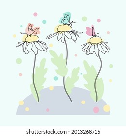 Line chamomiles with butterfly vector card. Vector flowers  design for paper, textile, cover, fabric, interior decor and other users