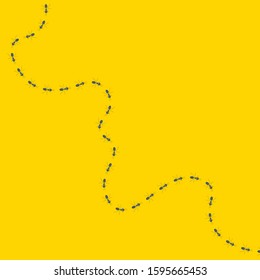 Line of chaotic running ants on yellow background. Crawling insects colony backdrop. Teamwork and cooperation concept.  Vector cartoon illustration. 