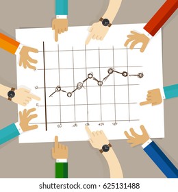 line chart with bullet marker hand drawing sketch analysis. team member together working discuss in a meeting hands pointing to paper