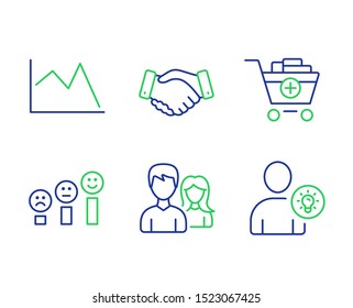 Line chart, Employees handshake and Add products line icons set. Customer satisfaction, Couple and User idea signs. Financial graph, Deal hand, Shopping cart. Happy smile chart. Business set. Vector
