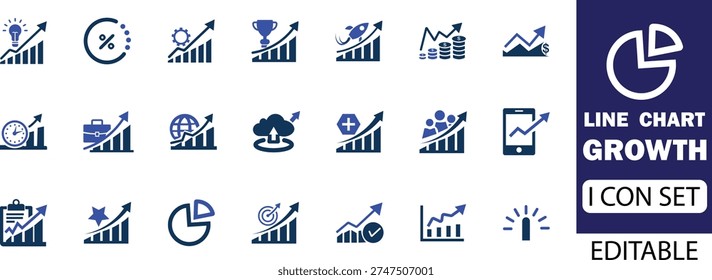 line chart growth  icon set - solid icon collection vector illustration design. A line chart shows continuous growth trends, highlighting data progression over time, revealing patterns, increases, and overall performance clearly.