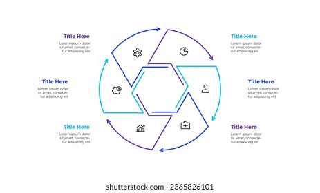 Line chart with a hexagon inside. Template for cycle diagram with 6 options, parts, steps or processes