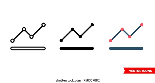 Line chart icon of 3 types: color, black and white, outline. Isolated vector sign symbol.