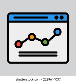 Icono de gráfico de línea en estilo de línea rellena sobre navegador, uso para presentación de aplicación móvil del sitio web