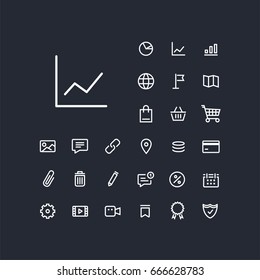 Line chart icon in set on the black background. Universal linear icons to use in web and mobile app.