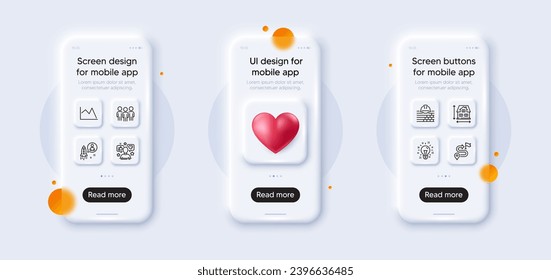 Line chart, Idea and Influence line icons pack. 3d phone mockups with heart. Glass smartphone screen. Group, Build, House dimension web icon. Journey, Startup pictogram. For web app, printing. Vector
