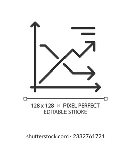 Line chart linear icon. Financial data. Market trend. Sales report. Company results. Two arrows. Data presentation. Thin line illustration. Contour symbol. Vector outline drawing. Editable stroke